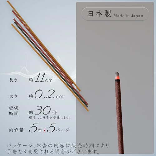 国産白檀お香の長さ約11cm、太さ約0.2cm、燃焼時間約30分を示すサイズ画像