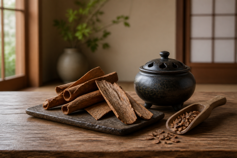 桂皮と香炉を配した香原料のイメージ