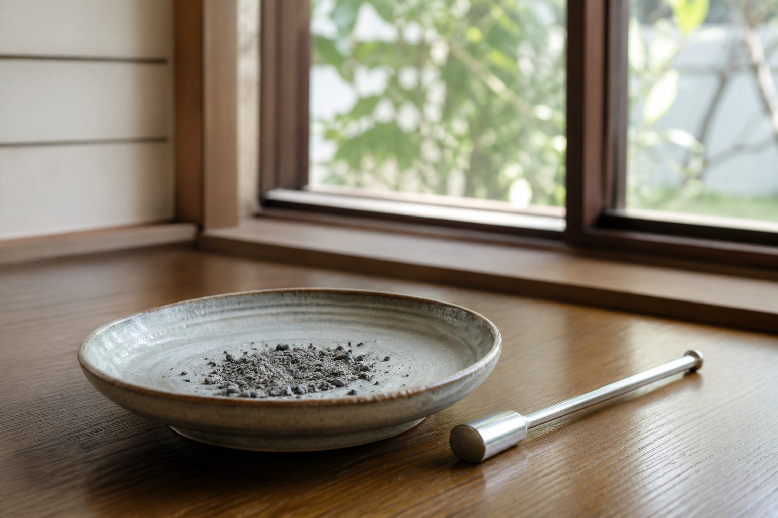 完全消火して冷えたお香の灰と消火用具