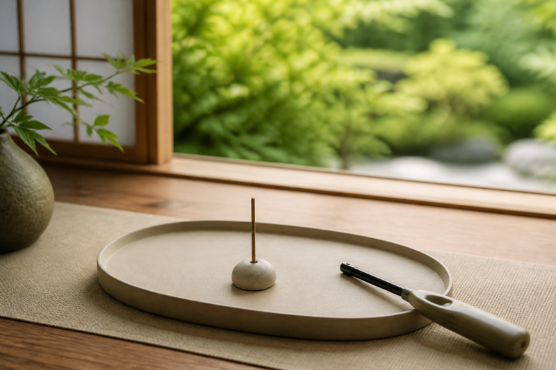 お香・香立て・香皿・着火器具を安全に準備した様子