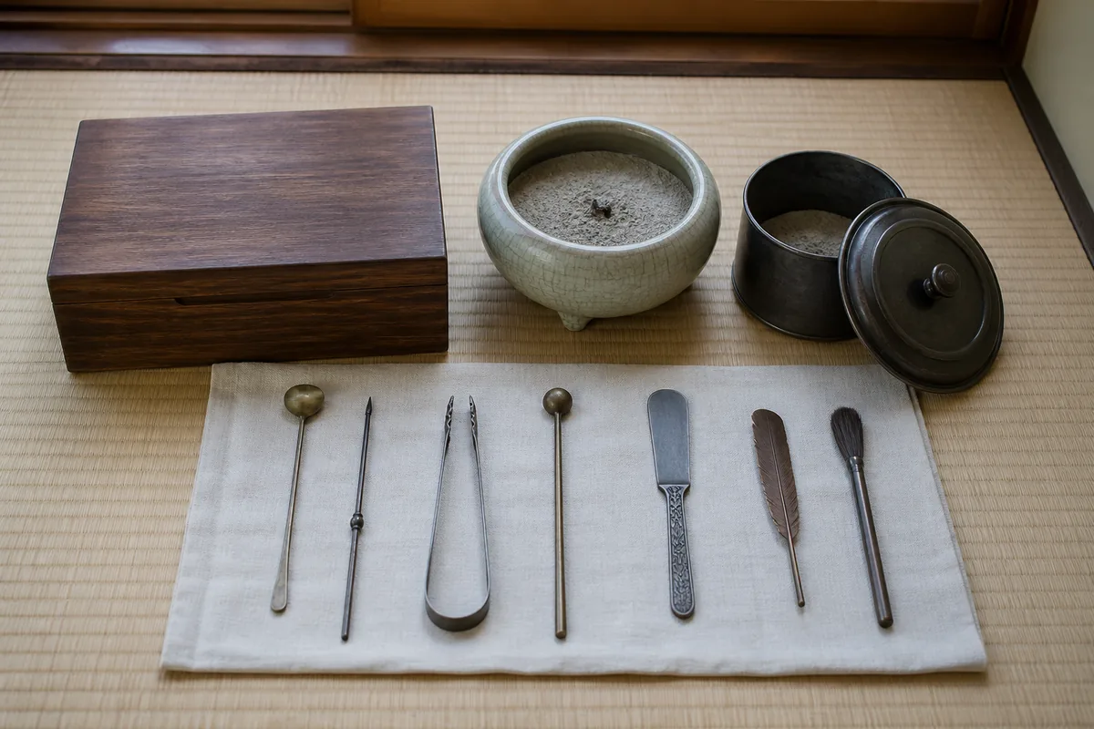 冷めた香道具を布と箱で安全に保管するイメージ