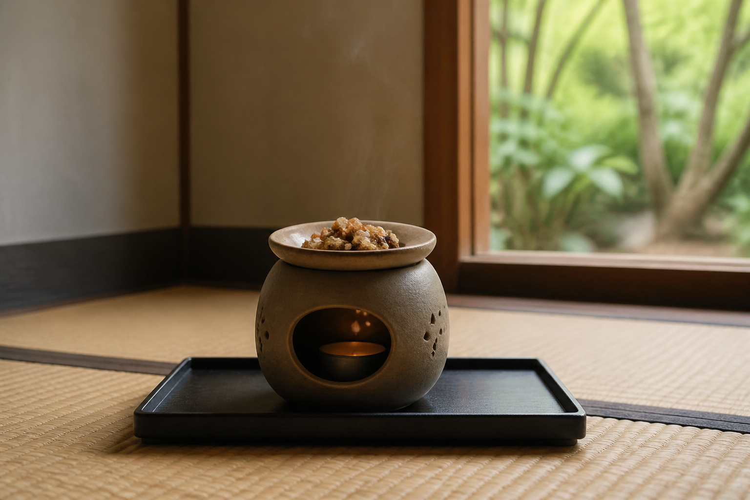 耐熱トレーに置いた香炉で没薬樹脂を少量温めるイメージ