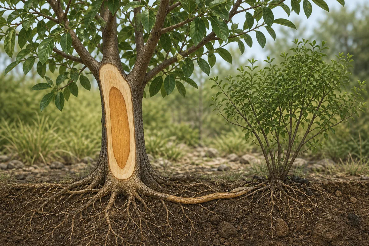 白檀の心材と半寄生性を示す植物イメージ