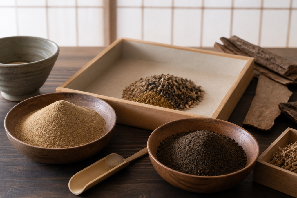 タブ粉と香原料を計量し混ぜ合わせる前の材料