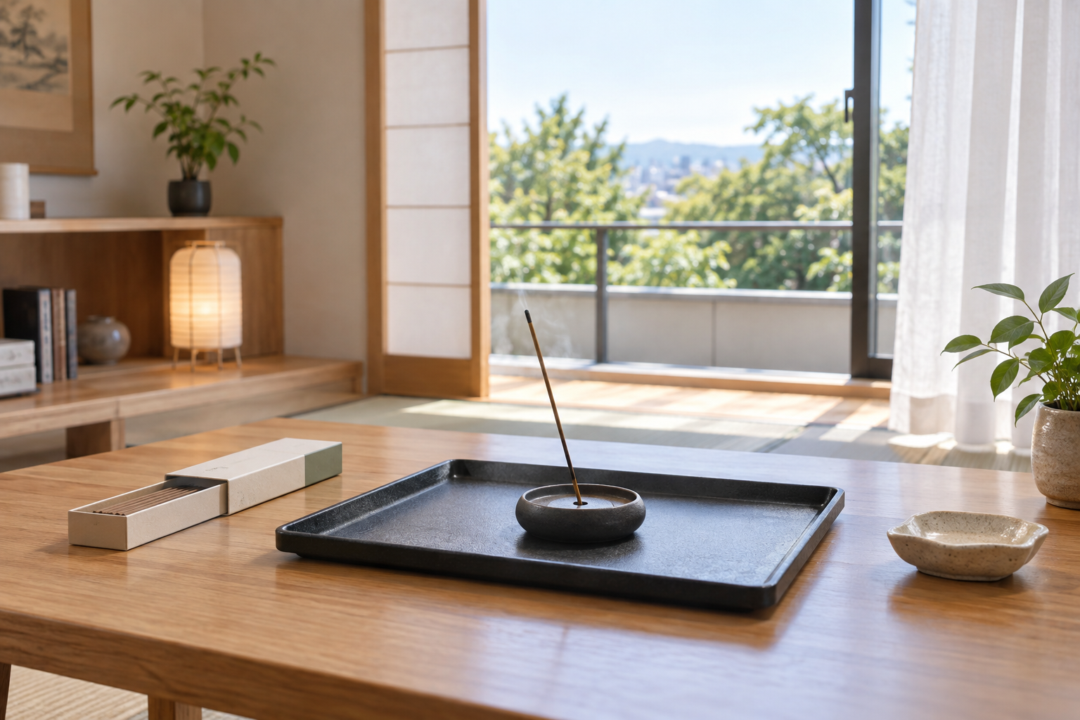 耐熱トレイと換気できる窓を備えたお香の安全な設置イメージ