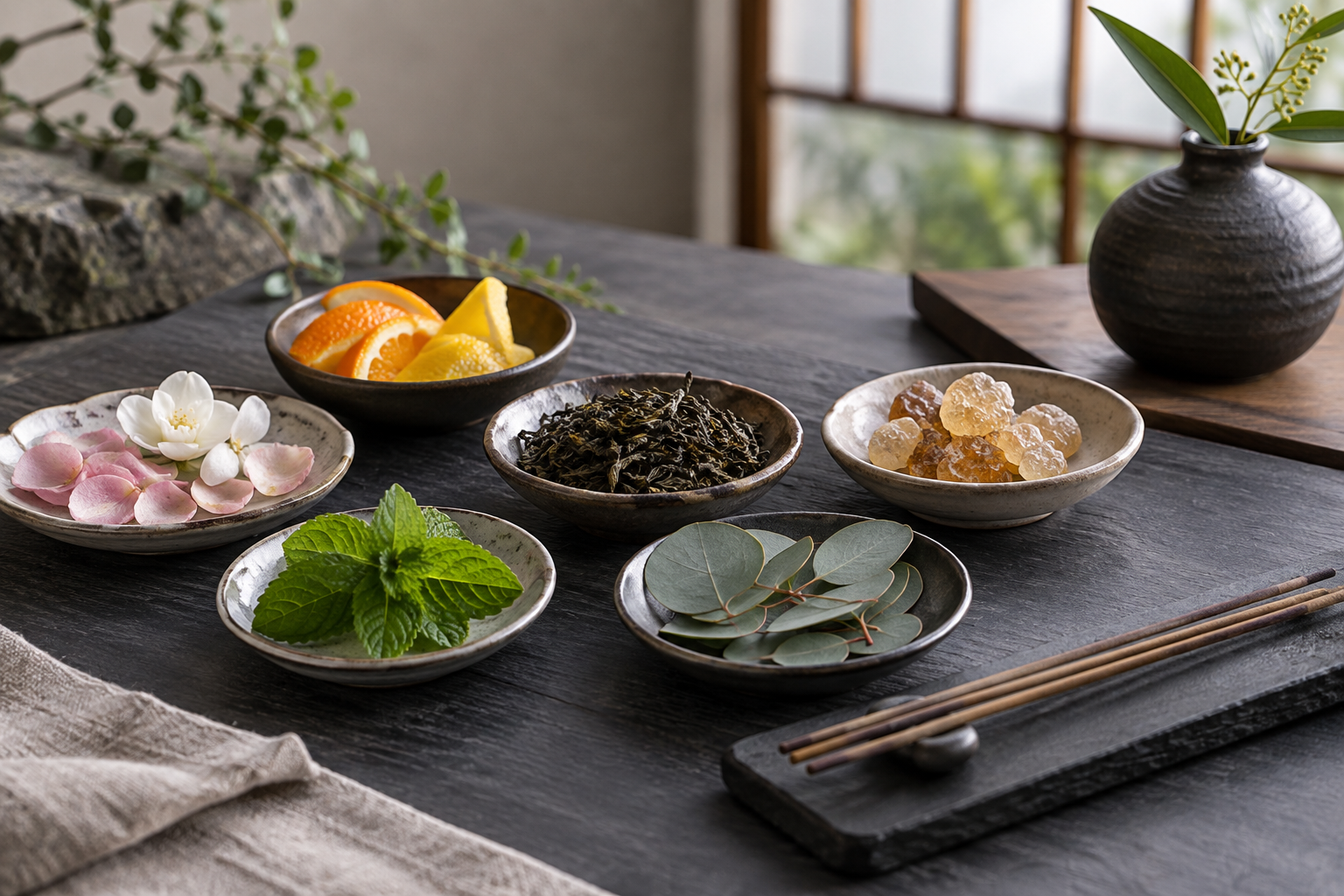 花・柑橘・茶葉・樹脂・ミントなど香調を比べるイメージ