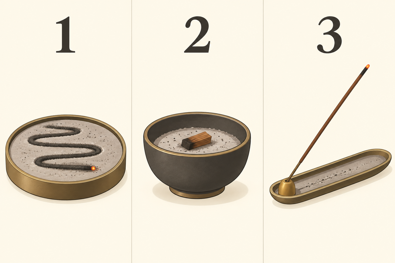 1：常香盤の概念、2：香炉、3：お香立てを並べた用途比較図