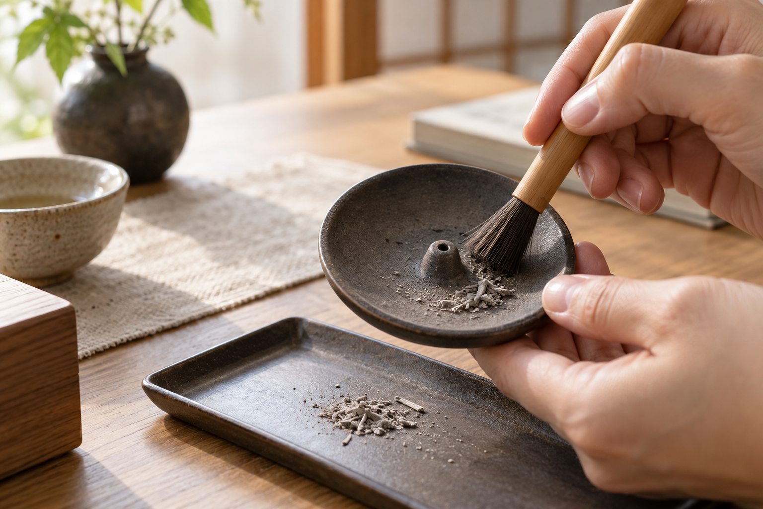 完全に冷めた香立てから灰を刷毛で取り除く様子
